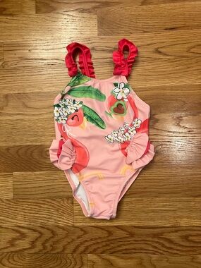 Mayoral 12 month baby Pink Swimsuit with pink Ruffled Straps and Tropical Print